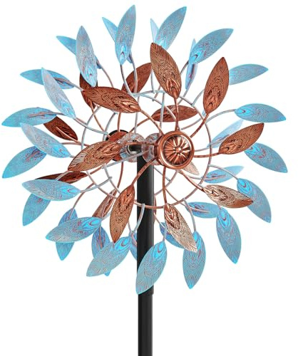 Metal Wind Spinners Outdoor, Kinetic Garden Wndmills,Yard Art Windmill with Metal Stake,Vintage Wind Sculptures & Spinners,Waterproof Pinwheels Large Wind Mill for Patio Lawn Yard Garden(Blue+Brown)