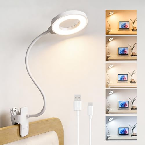 Blakapoo Klemmlampe Leselampe, 5 Farbtemperaturen & 5 Helligkeitsstufen, USB C wiederaufladbar, 360° Flexibler Schwanenhal für Büro, Nachttisch, Bett, Schlafzimmer, Schreibtisch (Weiß)