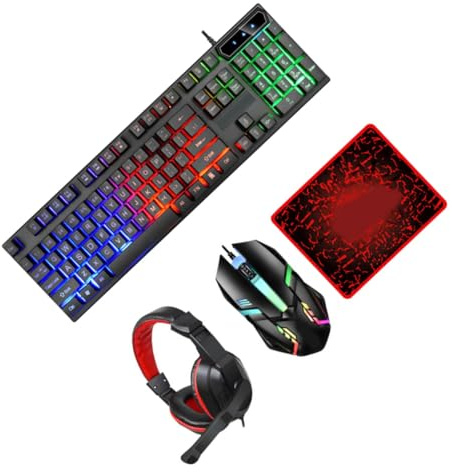 CLISPEED Conjunto de Teclado Gaming con Retroiluminación LED Colores Ratón Ergonómico con Alta Precisión Auriculares Cableados y Alfombrilla Antideslizante para Oficina