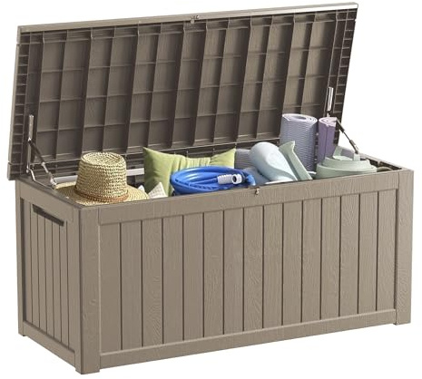 Outdoor Storage Box, 270 Gallon Lockable Resin Deck Box Large Waterproof, Patio Storage Bin for Furniture Cushion, Garden Tools and Pool Accessories, UV-Resistant Bench Cabinet for Outside, Gray