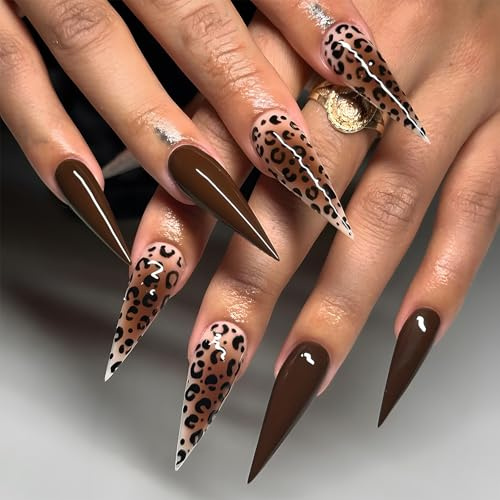 Press on Nails Leopardenmuster, Braun Nägel zum Aufkleben Stiletto Lang Glänzend, 24 Stück Künstliche Nägel, Fingernägel zum Aufkleben Acryl Full Cover, Fake Nails für Frauen Mädchen Nail Art Maniküre