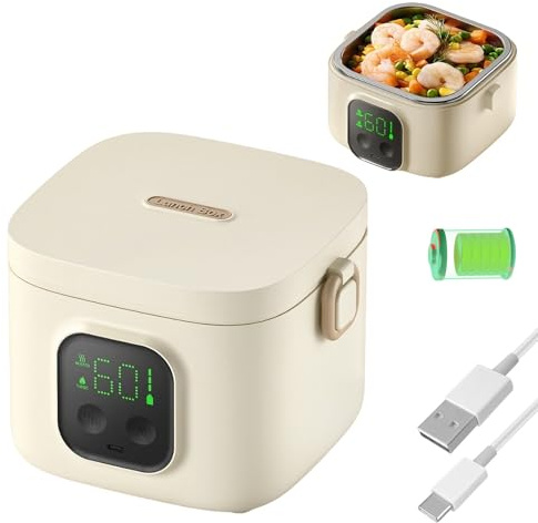 Fiambrera con Batería de 14000mAh, Tartera Calentadora 800ml de Acero Inoxidable, Fiambrera Eléctrica con 5 Temperaturas y 7 Temporizadores – Caja Térmica Inalámbrica para Oficina, Camping, Viajes