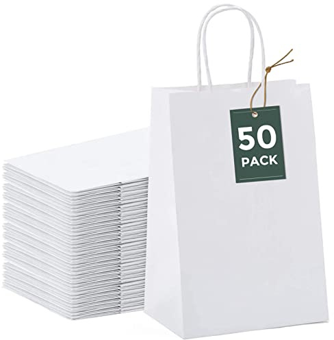 Heimwohl 50 Stück Papiertüten, Weiße Geschenktüten, 13,3 x 9,5 x 20,3 cm | Papiertüten mit Henkeln für Geburtstage, Hochzeiten, Partys, Bastelprojekte, Geschenke, Einkäufe, Boutiquen und Einzelhandel