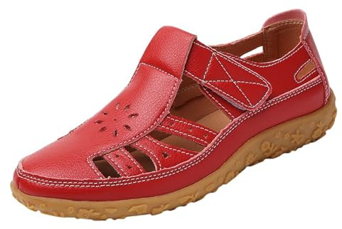 Sandaler med stängd tå för kvinnor 2025 sommar bekväma platta sandaler med avslappnade ihåliga platta skor bred bredd trendiga sandaler finskor dam korksandaler storlek 8, Röd, 40 EU Bred