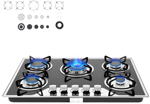 77cm 5 Burner Gas Hob, 3.2kW Wok Burner, 5 Cooking Zones (3.2 kW, 2.75 kW, 1.75 kW, 1.75 kW, 1 kW), Compatible with LPG and natural gas, Automatic Pulse Ignition, 77×51×15cm, Black