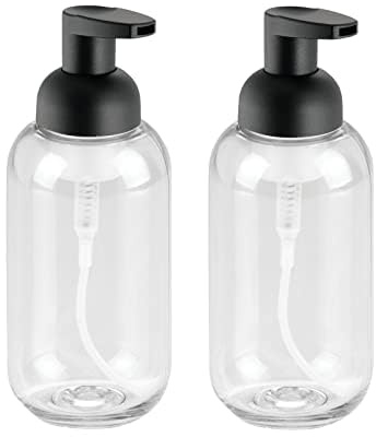 mDesign Round Plastic Refillable Foaming Soap Dispenser Pump Bottle for Bathroom Vanity Countertop - Vintage-Inspired, Compact Container Design - Twain Collection - 2 Pack - Clear/Matte Black