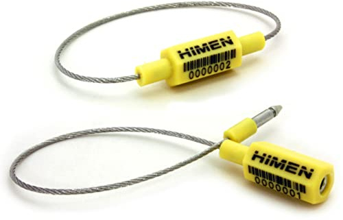 HIMEN 50 Plomben aus Metall mit Drahtseil und einrastendem Dorn-Verschluss – Sicherheitsplomben fortlaufend nummeriert mit Barcode, Länge 280 mm, Modell PCS-1.8C, gelb