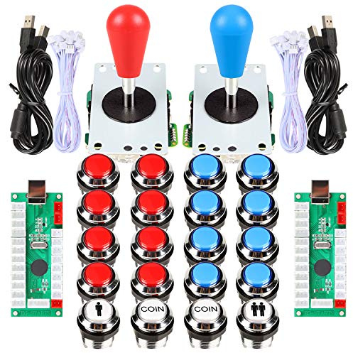 Fosiya 2 Jugadores Arcade Games Ellipse Oval Style 8 Ways Joystick + 20 x LED Chrome Arcade Buttons for Video Games Standard Controllers All Windows PC MAME Raspberry Pi