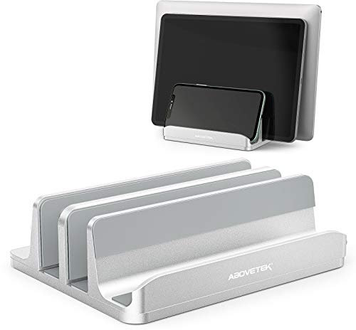 AboveTEK Vertical Laptop Stand 3 Slots for Computer, Tablet, Phone - Fits All Laptop Models (up to 17.3) - Heavy Duty Polished Aluminum Desktop Holder - Anti Slide Silicone Grips - Silver