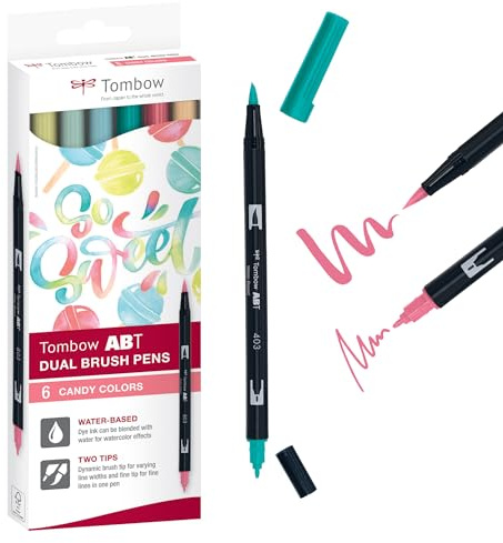 Tombow ABT Dual Brush Pen, Candy Colors, penna med två spetsar, perfekt för handbokstäver och bullet journal, vattenmålad, ABT-6C-4, set om 6
