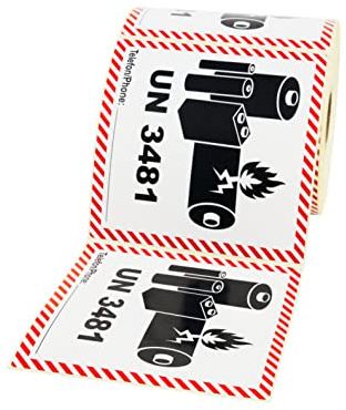 Prolac dekal, farligt gods klistermärke UN 3481 innehåller litiumjonbatterier, 500 stycken, 100 x 100 mm, självhäftande etiketter, fraktetiketter, självhäftande etik, farligt gods klistermärke