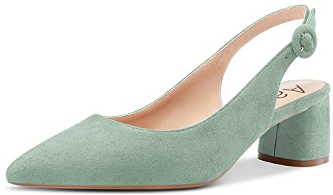 Aachcol Mujer Slingback Pumps Chunky Ancho Medio Bajos Heel Puntiaguada Punta Correa Tobillo de Boda Oficina Fiesta Dress Zapatos Cute 5 CM Turquesa Verde Ante 37 EU