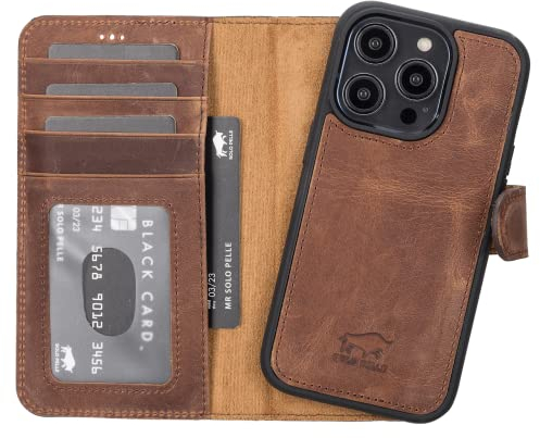 Solo Pelle Lederhülle kompatibel für iPhone 14 Pro in 6.1 Zoll abnehmbare Hülle (2in1) inkl. Kartenfächer für das original Apple iPhone 14 Pro (Vintage Braun)