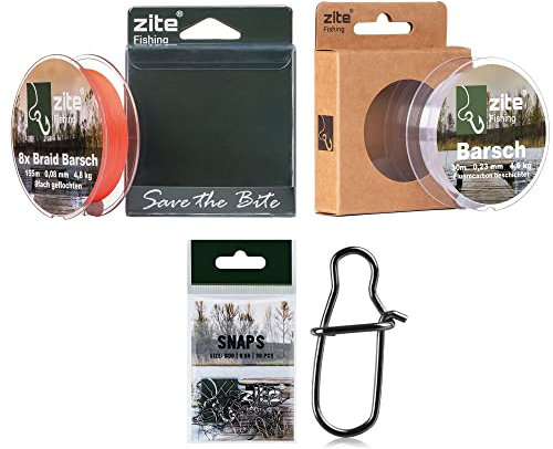 Zite Fishing Angelschnur Set Barsch-Angeln I 8-Fach Geflochtene Schnur 0,08mm I Vorfachschnur Fluorocarbon 0,23mm I 30 Karabiner Snaps Wirbel Größe #00