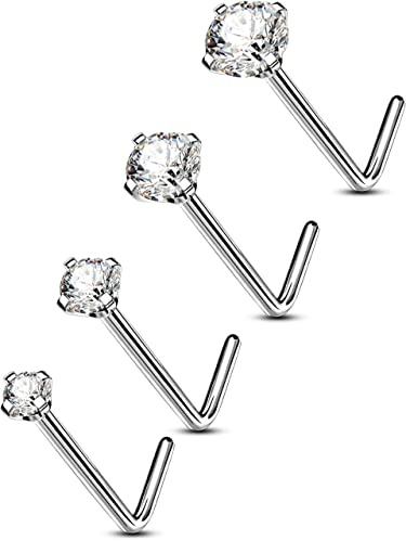 OUFER Body Piercing Solid Titanium Nose Piercing 20G Nose Stud Bone Pin 4pcs Nostril Rings L- Bend Nose Body Piercings Jewellery for Women Men