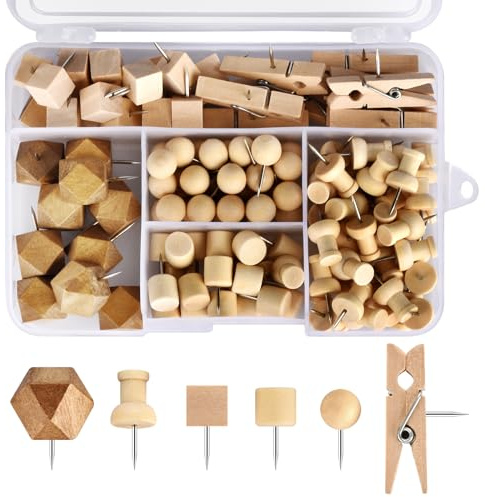 128Pcs Wood Push Pins, Thumb Tacks for Decorative, Wooden Pins and Tacks, Cork Board Thumbtacks, Cute Thumbtack for Wall and Bulletin Board, Map Pins