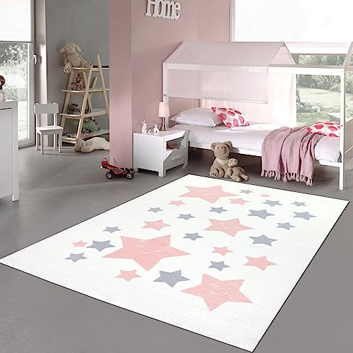 Teppich-Traum Kinderteppich Hochflor Sterne Rosa Grau 120x170 cm | Flauschiger Kinderzimmerteppich, weich, pflegeleicht, robust, schmutzabweisend, schadstofffrei, OEKO-TEX geprüft, 18 mm Flor