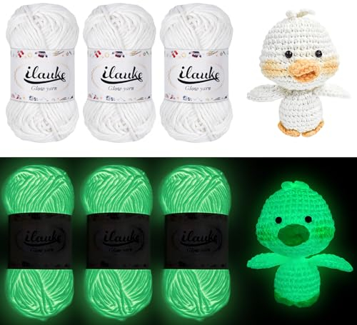 ilauke Leuchtendes Handstrickgarn,3 Stück Strickgarn Im Dunkeln Leuchtende, 50G DIY Stoff Polyester Handstricken Leuchtendes Garn für Schal, Strick & Häkelgarn Zum Häkeln Kunsthand Halloween (Weiß)