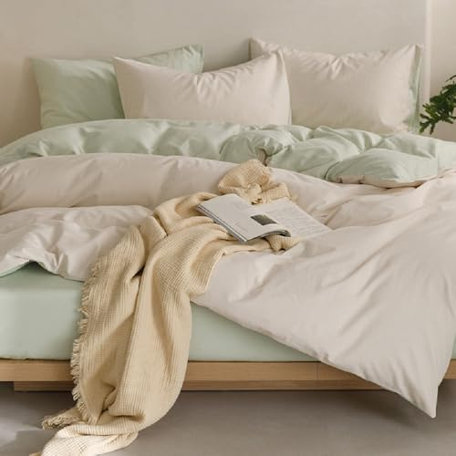 Sedefen Bettwäsche 220x240cm Baumwolle Renforce Weiß Grün Wendebettwäsche Uni Unifarben Baumwollbettwäsche Set,Doppelbett Bettbezug und 2 Kissenbezug 80x80cm,mit Reißverschluss