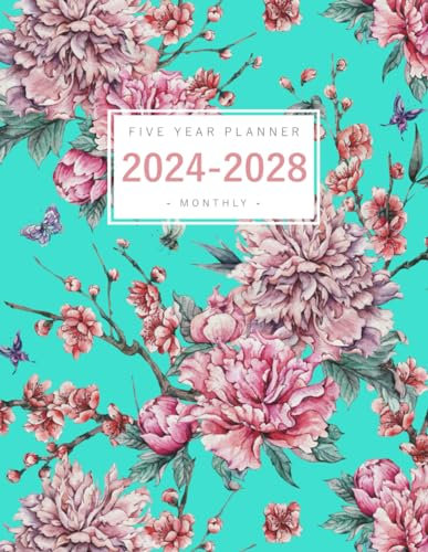 Five Year Planner 2024-2028: 8.5 x 11 Monthly Notebook Organizer Large | Vintage Blooming Peony Butterfly Design Turquoise