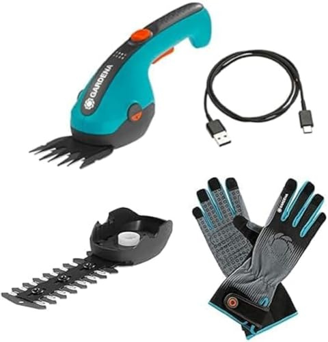 Gardena Akku-Grasschere ClassicCut Li: Rasenkantenschere mit 8 cm Schnittbreite(9884-20) + Strauchmesser 12 cm+ Gardena Strauchpflegehandschuh Größe 9/L(11531-20) L (1er Pack)