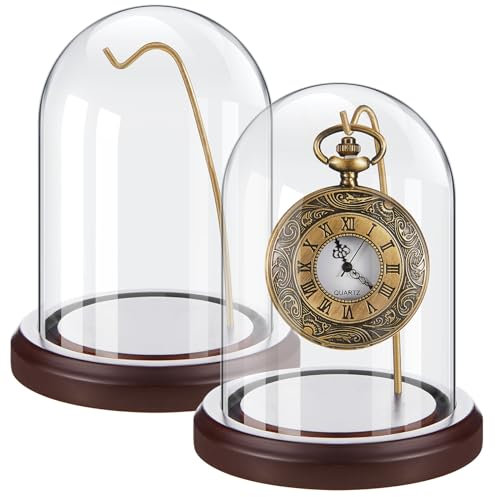 Beeveer Uhren-Ornament, Glasdisplay mit Haken, Kuppel mit Holzsockel, dekorative Glaskuppel, Vitrine für Uhren, Pflanzen, Medaillen, Fotos, Sammlerstücke, dunkle MDF-Basis (goldener Haken, 7,6 x 12,7