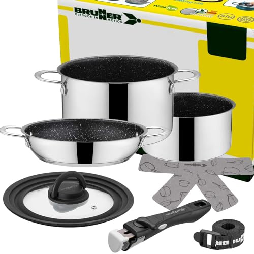 BRUNNER Camping Topf-Set Edelstahl ø 22 cm ACADEMY NG 5+1 Teilig Antihaft | Platzsparend stapelbare Töpfe und Pfannen, Elektro, Gaskocher, Induktion & Keramikkochfeld - Für 2-4 Personen, Vakublock