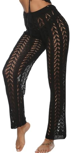 FEOYA Pantalon Transparent de Plage en Dentelle Crochet Femme Décontractée