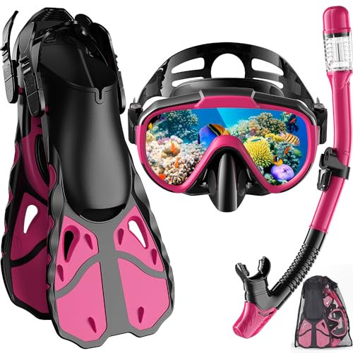 Vengreedo Schnorchelset mit Flossen für Erwachsene, Schnorchelausrüstung für Erwachsene Männer und Frauen, Schnorchel, Maske Set Erwachsene Dry Top Schnorchelmaske Combo Set mit Reisetasche zum