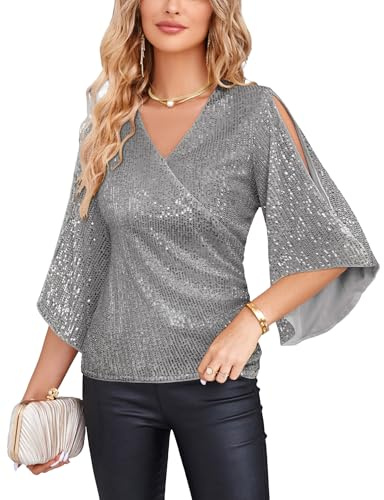 Damen Elegant V-Ausschnitt Shirt Lange Poncho-Ärmel Cocktail Bluse mit funkelnden Pailletten Leicht Weich Silber grau L
