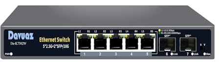 Davuaz 7-Port 2,5G Unmanaged Ethernet Switch, 5 x 2,5G RJ45 Ports, 2 x 10G SFP+ Optische Ports, Kompatibel mit 100/1000/2500Mbps Netzwerk Switches, Metallisch Lüfterlos, Plug and Play, Drahtlose AP