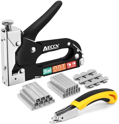 AECCN Kit de pistola de acero 3 en 1 de grapas de alta resistencia con 2100 grapas, grapadora de tapicería para fijar material, decoración, carpintería, muebles, puertas y ventanas, color negro | 2100 grapas y 1 desengrapadora, de acero inoxidable resistente a la oxidación, potentes y duraderos, diseño ergonómico