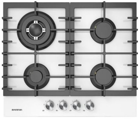INFINITON Placa de Gas GG-43BK, 4 Fuegos, Ancho 60 cm, Acabado en Crystal White, Encendido Electrico, Compatible con Gas Butano/Propano y Gás Natural