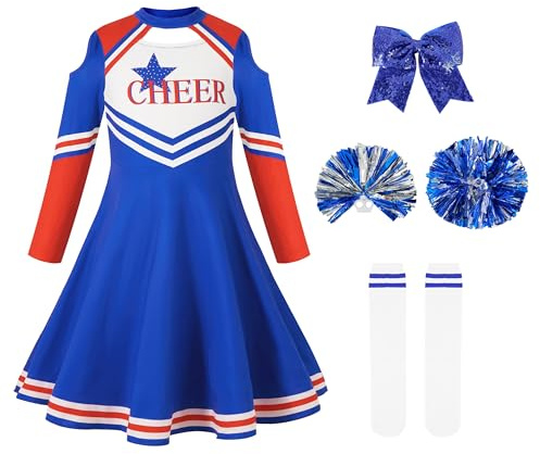 LOLANTA Cheerleader Kostüm Kinder, Mädchen Cheerleader Kleid mit Pompoms Socken und Kopfschmuck, Langärmeliges Cheerleading Karnevalskostüm, 5-15 Jahre