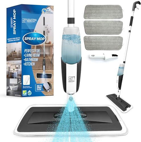 Spray Mop with Washable Pads Floor Mop with Spray, 360° Swivel Head, Wet and Dry, Free Scraper and 3 Microfibre Replacement Head Pads - Mops for Cleaning Floors, Floor Mops for Tiled Floors