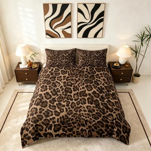 Loussiesd Fille Léopard imprimé Parure de Lit Marron Cheetah Ensemble de Literie Femmes Chic Wildlife Style Enfants Housse de Couette 220x240cm Adulte Chambre décoration Wildlife Design Literie