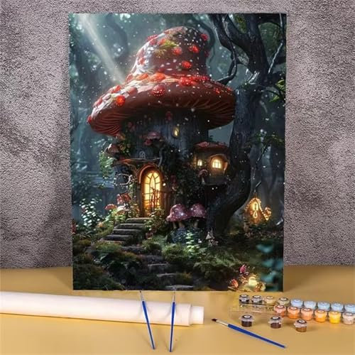 Aimaor Paint by Numbers for Adults,DIY Mushroom House Color Oil Painting Kit Paint by Numbers Kit On Canvas with Brushes and Acrylic Pigment for Gift Home Wall Decor DIY Frame - 24x30 inch