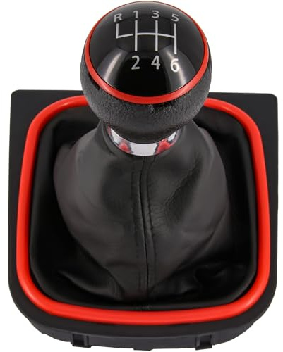 Recambo Schaltknauf + Schaltsack Set 6 Gang passend für VW Golf 5 + 6, 2003-2016, Plug & Play, Auto Schalthebel Schaltmanschette, mit Rahmen, schwarz - rot