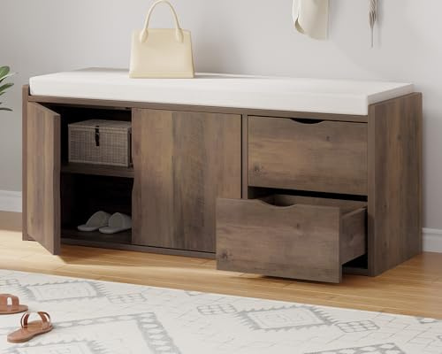 LVB Banc de Rangement Multifonction Banc à Chaussures rembourré avec tiroir pour entrée Salon ou Chambre Couleur Rustique Claire 101 x 45 x 34 cm