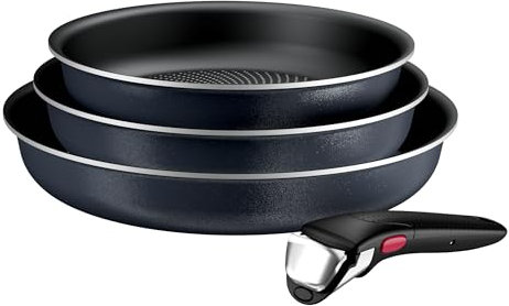Tefal Ingenio Enjoy - Set di 3 padelle 22/24/28 cm + manico rimovibile, induzione antiaderente, rivestimento titanio, Thermo-Signal, riscaldamento rapido, lavabile in lavastoviglie e forno