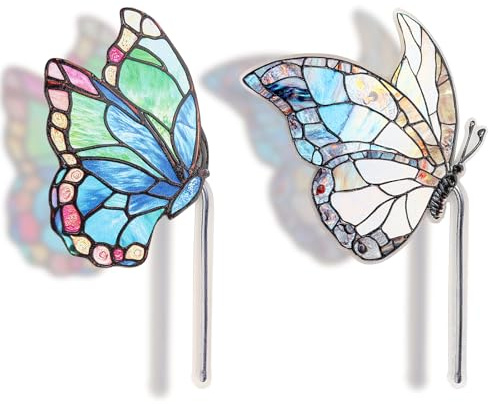 Fampery 2PCS Glass Butterfly Monarch Suncatcher for Pot Plant Decoration, Acrylic Butterfly Garden Stake Decor Butterflies Catcher for Indoor Outdoor Patio Plant Pot Yard Art Décor