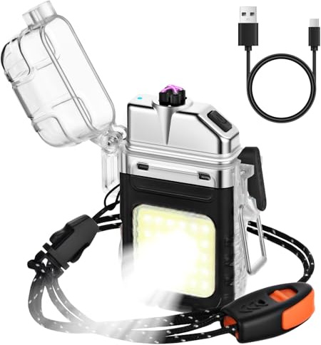 Vicloon Lichtbogen Feuerzeug, Feuerzeug Elektrisch USB Aufladbar, Dual Arc Plasma-feuerzeug mit Taschenlampe, Notfallpfeife und Lanyard, Wasserdicht Winddicht für Wandern, Camping, Survival Kit