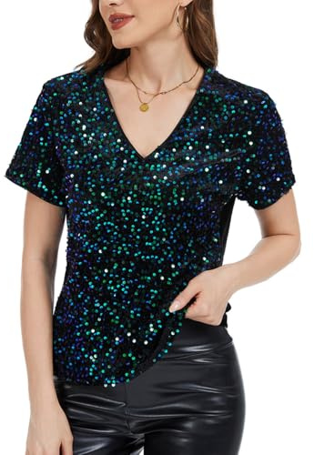 MINTLIMIT Damen Pailletten Glitzer Tops Kurzarm Oberteil Party Bluse V-Ausschnitt Festliches Club Outfit