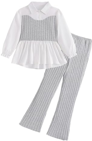 Xumplo 2-Pieces Outfits for Girls Ruffle Tops and Pants Sets Kids Long Sleeve Ribbed Clothing Fall Winter Grey 9-10 Years