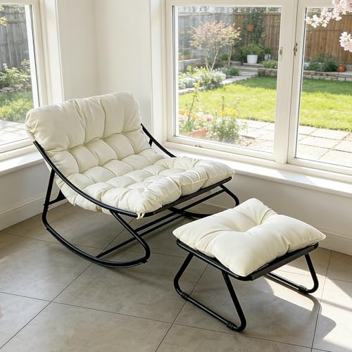 HavenGlide Mecedora para interior y exterior con cojín, silla mecedora XXL con taburete, sillón de relax, hasta 150 kg, para jardín, balcón, salón (blanco)