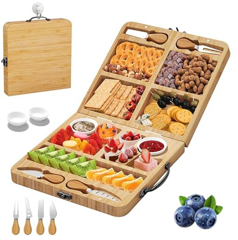 XoTiq Set di vassoi refrigerati in bambù, Tagliere per Formaggi Pieghevole con Set di coltelli (29 cm × 29 cm × 4 cm) Vassoio da Portata Robusto e salvaspazio, Confezione Regalo Versatile per Feste
