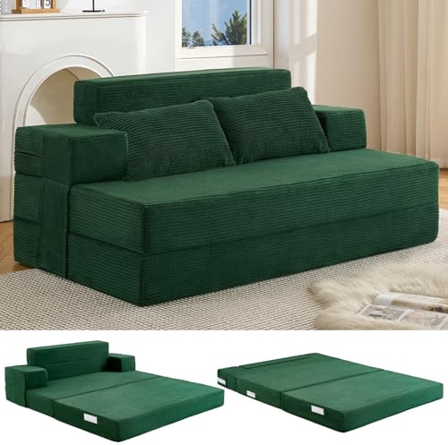 Fantico 3-in-1 Schlafsofa 150 x 200 cm – Schlafsessel mit Bettfunktion, klappbares Bettsofa, Faltbare Schlafcouch mit integrierten Rückenkissen & separatem Kissen, waschbarer Bezug, Dunkelgrün