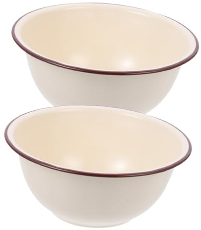 GRIRIW 2Pcs Retro Ivory White Enamelware Bowls Deepened Old-Fashioned Kitchen Basins Large Capacity Mixing and Washing Bowls for Cooking and Face Care