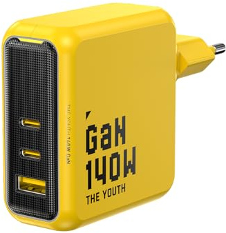 AOHI Youth 140W Chargeur USB C GaN+ PD3.1 PPS 100W Adaptateur 3 Ports Chargeur Rapide Prise USB C Compatible avec MacBook Air/Pro, Dell XPS, iPhone 17/16/15, iPad Pro, Tablet, Chromebook,Jaune