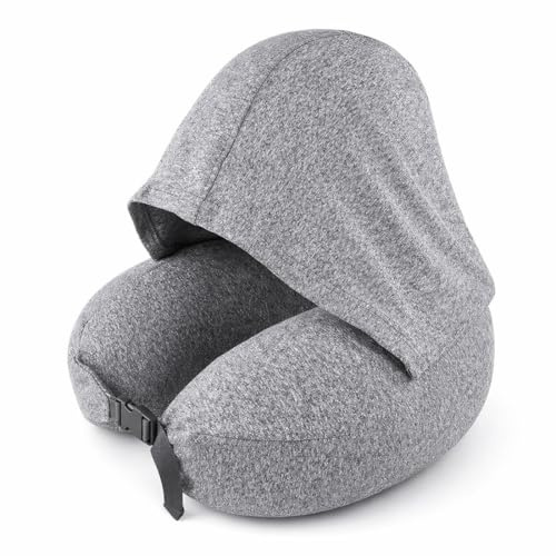 PHYNDR Coussin De Voyage Avec Capuche, Multifonctionnel A Remplir De Vetement,Grande Capacité, Sac De Rangement En Forme De U, Pour L'Avion Et Le Train, Unisexe (Gris Clair)